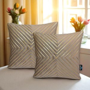 Mouse color velvet cushion cover with elegant golden geometric line pattern, premium decorative sofa cushion cover pack of 5 by Zikrak Home