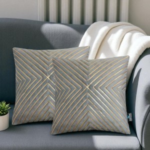 Grey velvet cushion cover 20x20 inch with golden geometric lines, luxury decorative cushion cover pack of 5 by Zikrak Home