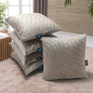 Wave design velvet cushion cover set of 5 in mouse grey color with gold pattern for sofa and home décor