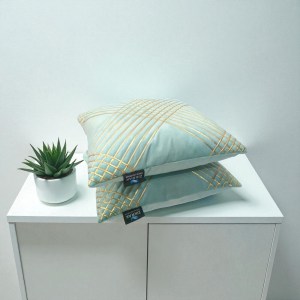 Aqua velvet rectangular cushion cover 17x27 inch with elegant golden grid design, premium back support cushion cover pack of 5 by Zikrak Home