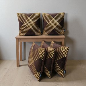Zikrak Home brown velvet cushion cover with gold grid design, premium decorative sofa cushion cover pack of 5