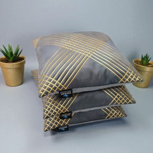 Grey velvet cushion cover 20x20 inch with golden grid pattern, luxury sofa cushion cover pack of 5 by Zikrak Home
