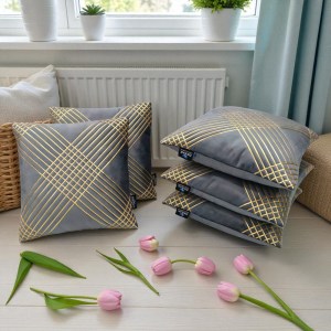 Grey velvet rectangular cushion cover 17x27 inch with golden geometric grid design, premium sofa cushion cover pack of 5 by Zikrak Home