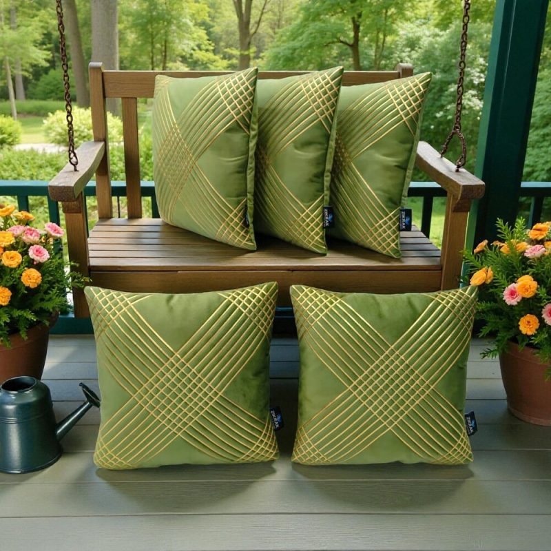 Light green velvet cushion cover 20x20 inch with elegant golden grid geometric design, premium decorative sofa cushion cover pack of 5 by Zikrak Home