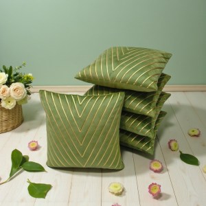 Zikrak Home green velvet cushion cover 16x16 inch with gold line geometric design, premium sofa cushion cover
