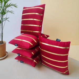 Zikrak Home maroon velvet cushion cover with 5 metallic golden stripes for sofa décor