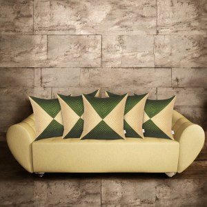 Zikrak satin cushion cover set of 5 in green and beige color with elegant designer pattern for sofa décor